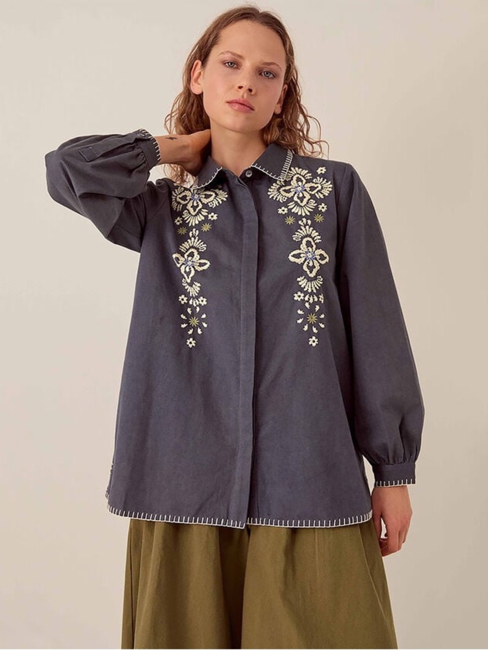 EAST CORA FLORAL EMBROIDERED COTTON SHIRT BLUE